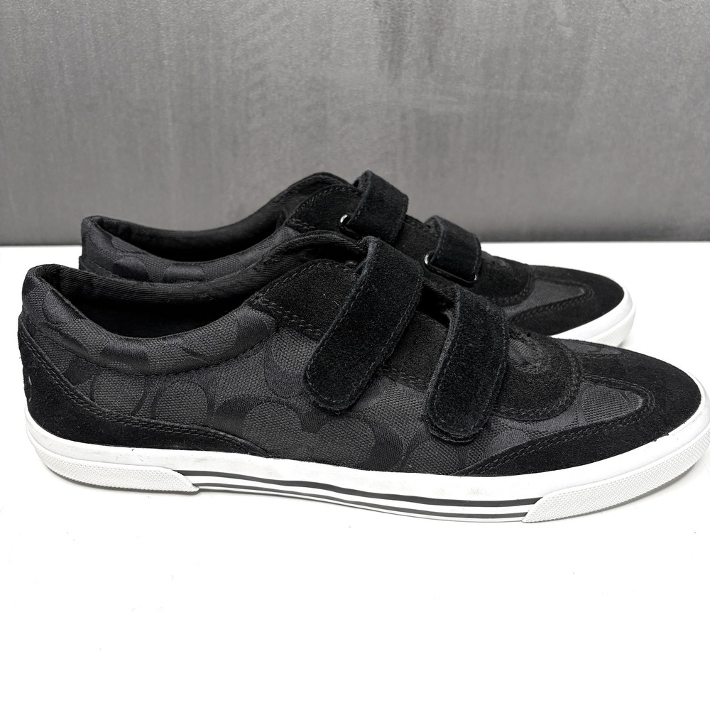 Coach Priya Sneakers Womens 9.5B Black Monogram Suede Canvas Strap Closure